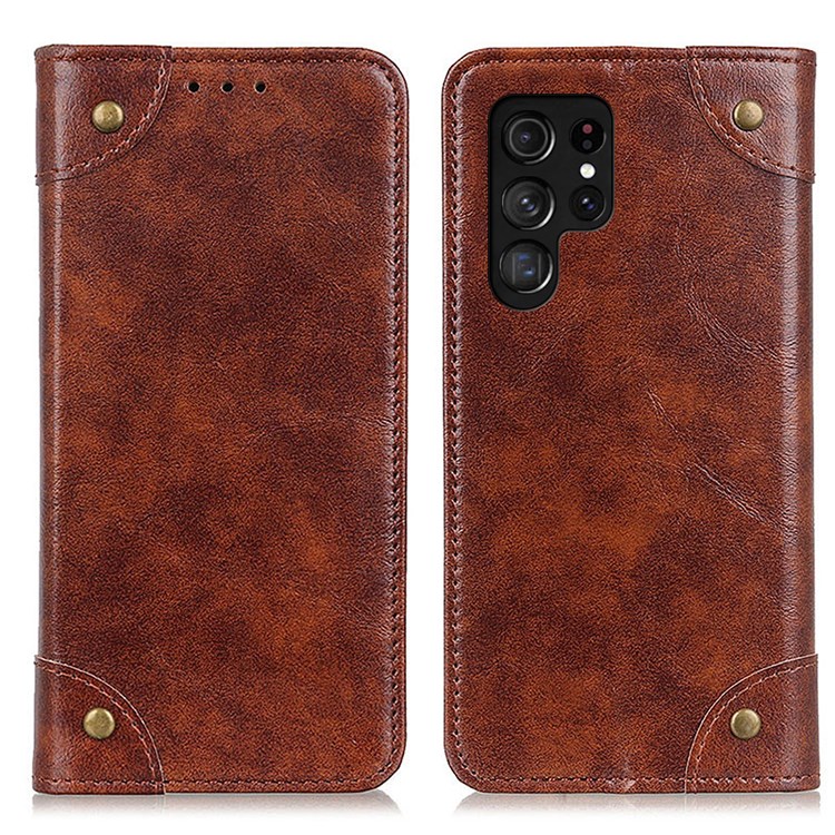 Auto Closing Magnetic PU Leather Wallet Stand Shockproof Protective Cover for Samsung Galaxy S22 Ultra - Brown-1