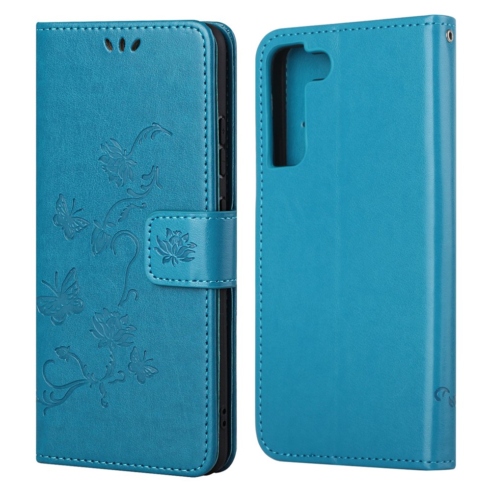 Stylish Butterfly and Flower Imprinting PU Leather Wallet Magnetic Flip Stand Shockproof Cover with Strap for Samsung Galaxy S22 Plus - Blue-1