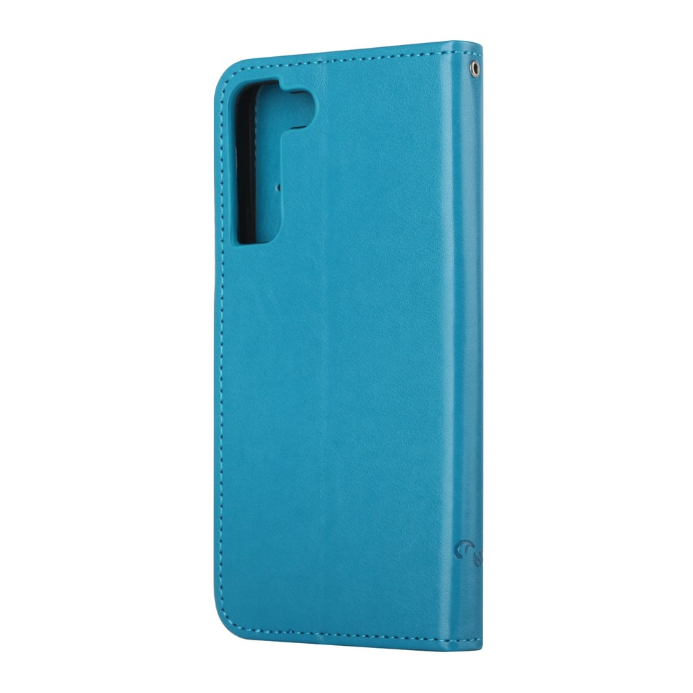 Stylish Butterfly and Flower Imprinting PU Leather Wallet Magnetic Flip Stand Shockproof Cover with Strap for Samsung Galaxy S22 Plus - Blue-3