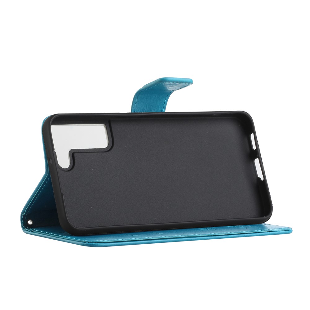 Stylish Butterfly and Flower Imprinting PU Leather Wallet Magnetic Flip Stand Shockproof Cover with Strap for Samsung Galaxy S22 Plus - Blue-4