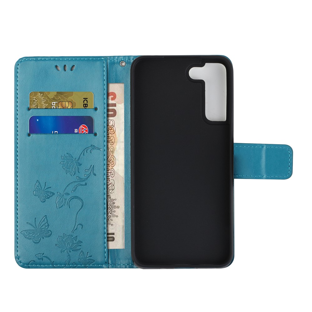 Stylish Butterfly and Flower Imprinting PU Leather Wallet Magnetic Flip Stand Shockproof Cover with Strap for Samsung Galaxy S22 Plus - Blue-5
