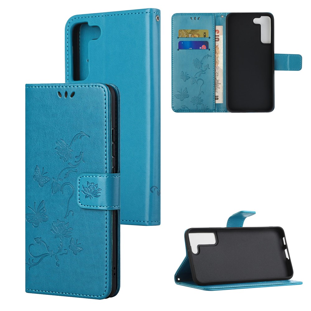 Stylish Butterfly and Flower Imprinting PU Leather Wallet Magnetic Flip Stand Shockproof Cover with Strap for Samsung Galaxy S22 Plus - Blue-6