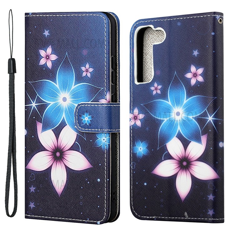 Pattern Printing Cross Texture PU Leather Wallet Case Phone Cover with Wrist Strap for Samsung Galaxy S22 - Flower-1