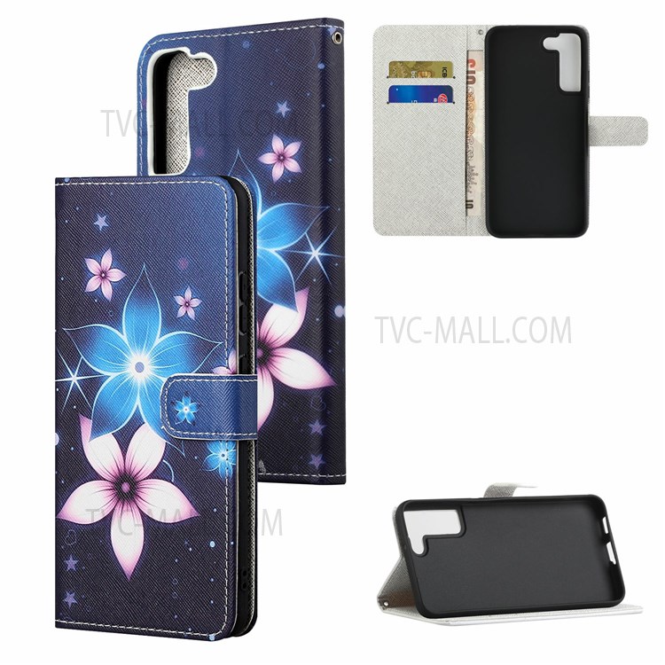 Pattern Printing Cross Texture PU Leather Wallet Case Phone Cover with Wrist Strap for Samsung Galaxy S22 - Flower-7