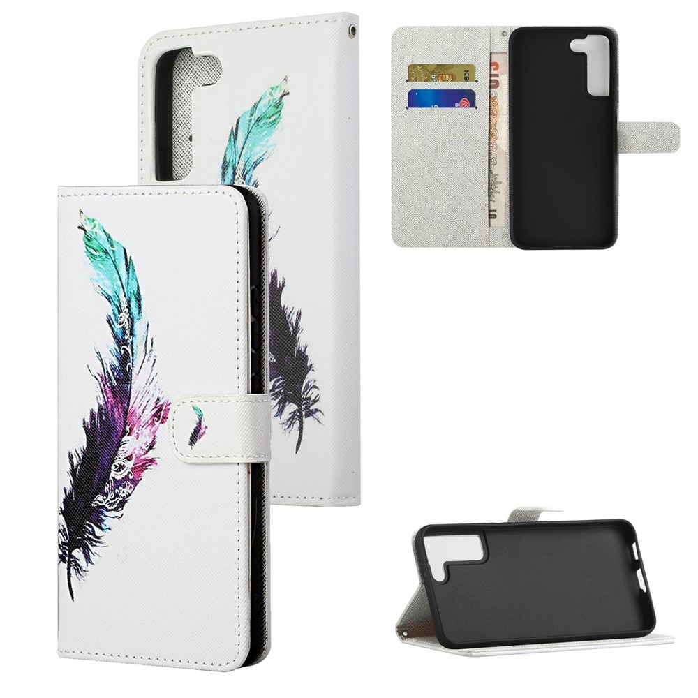 Pattern Printing Cross Texture Wallet Stand Leather Phone Case Protector for Samsung Galaxy S22 Plus - Colorful Feather-7