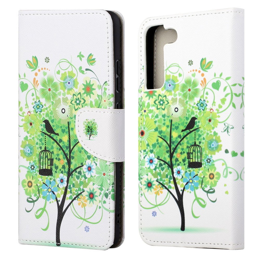 Cross Texture Pattern Printing PU Leather Wallet Stand Flip Shockproof Cover with Wrist Strap for Samsung Galaxy S22 - Green Tree-1
