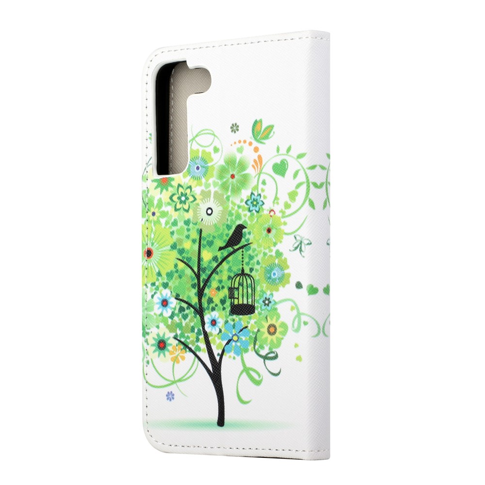 Cross Texture Pattern Printing PU Leather Wallet Stand Flip Shockproof Cover with Wrist Strap for Samsung Galaxy S22 - Green Tree-3