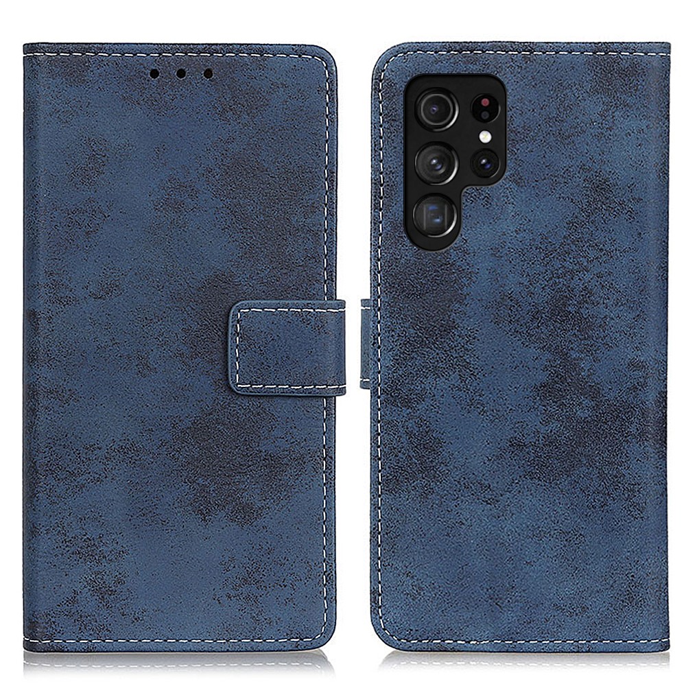 Retro Texture Protective Leather Cover Stand Wallet Design Cell Phone Case for Samsung Galaxy S22 Ultra - Blue-1