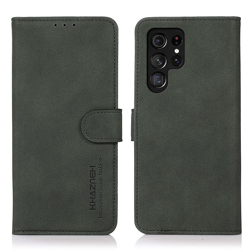 KHAZNEH Magnetic Closure Shockproof PU Leather Wallet Cover Stand Design Phone Case for Samsung Galaxy S22 Ultra - Green-1