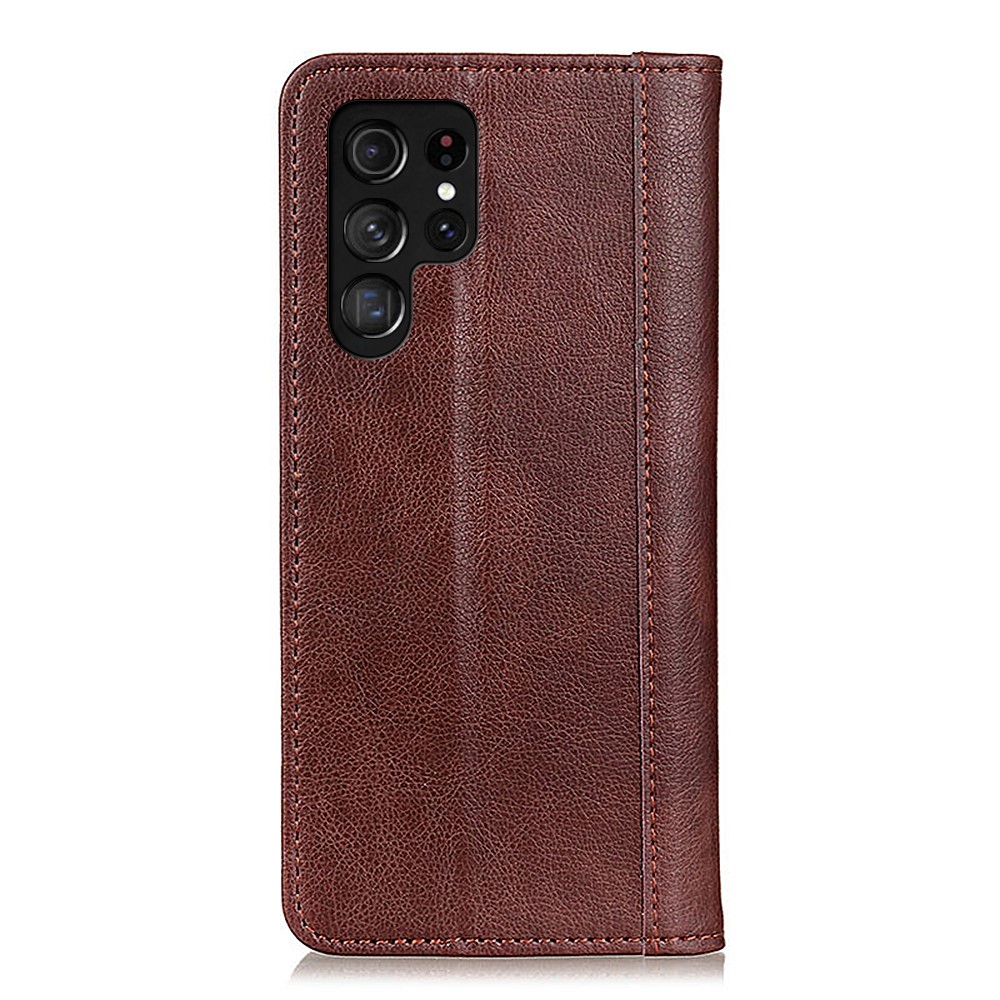 Auto Closing Magnet Litchi Texture Split Leather Wallet Stand Phone Shell Case for Samsung Galaxy S22 Ultra - Brown-3