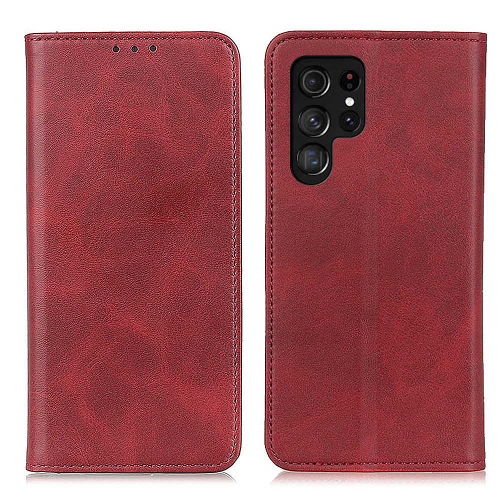 Split Leather Wallet Stand Design Magnetic Auto Closing Phone Case Cover for Samsung Galaxy S22 Ultra - Red-1
