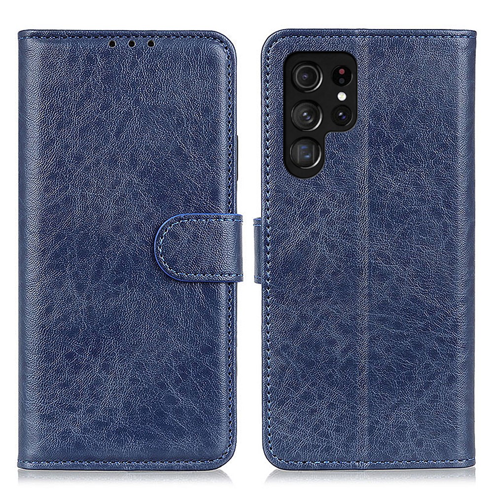 Drop-proof Crazy Horse Wallet PU Leather Case Mobile Phone Stand Cover for Samsung Galaxy S22 Ultra - Blue-1