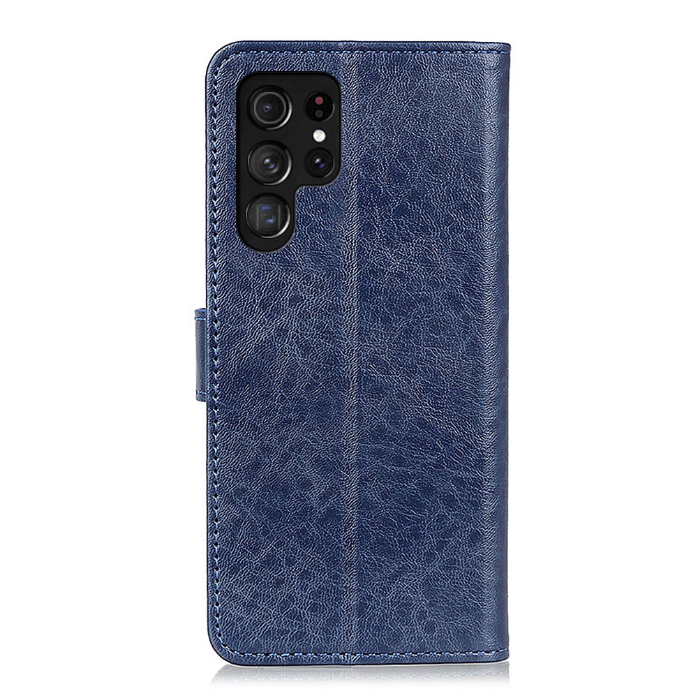 Drop-proof Crazy Horse Wallet PU Leather Case Mobile Phone Stand Cover for Samsung Galaxy S22 Ultra - Blue-3