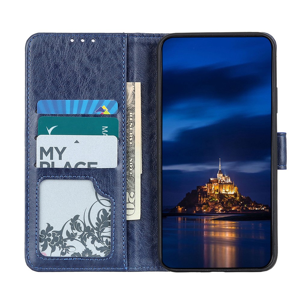 Drop-proof Crazy Horse Wallet PU Leather Case Mobile Phone Stand Cover for Samsung Galaxy S22 Ultra - Blue-4