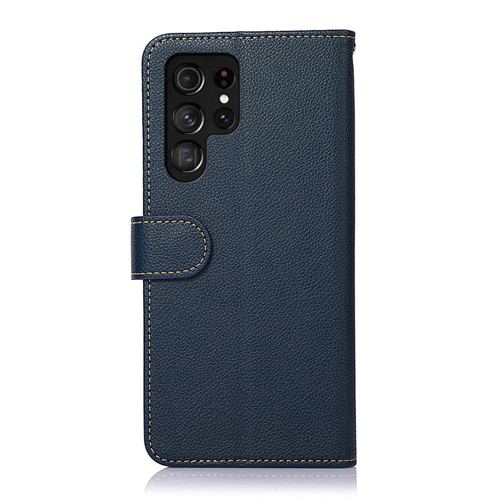KHAZNEH RFID Blocking Litchi Texture Wallet Stand Leather Protective Phone Case Shell for Samsung Galaxy S22 Ultra - Blue-3