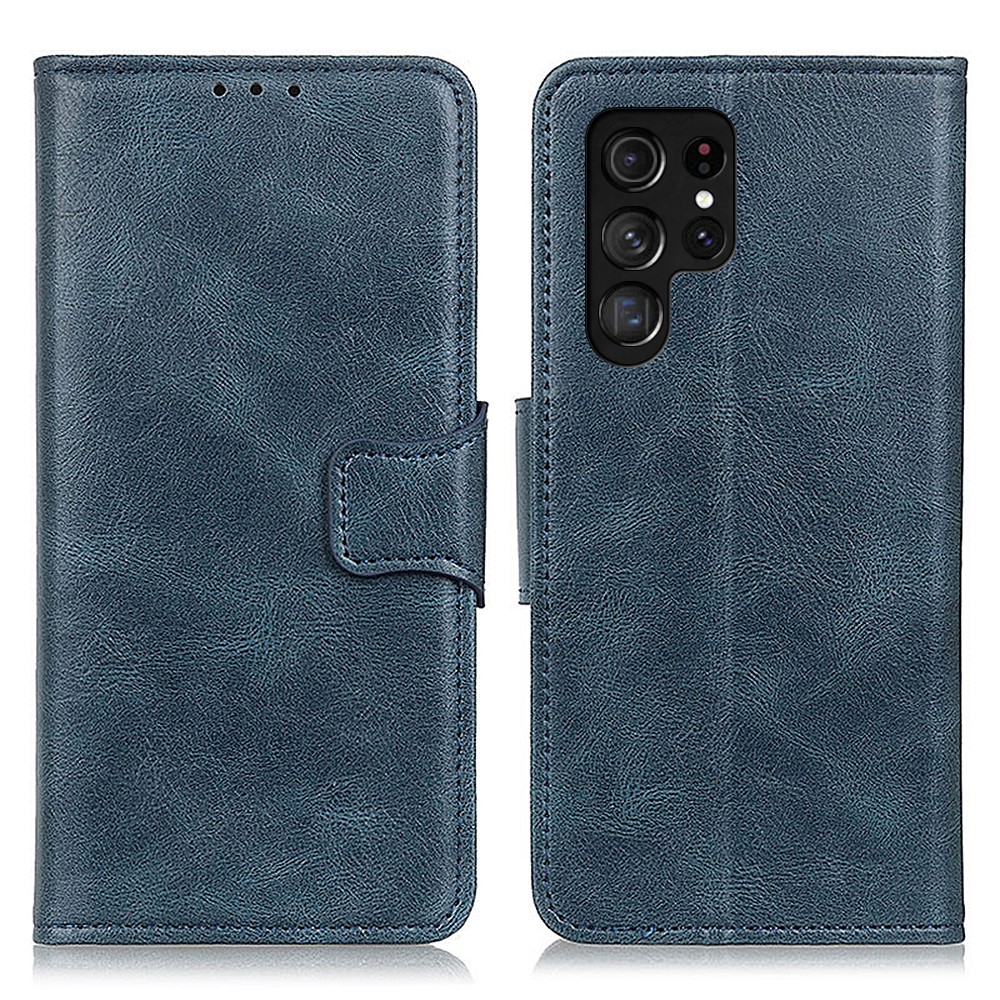Crazy Horse Texture Wallet Design Magnetic Clasp PU Leather Stand Case Cover for Samsung Galaxy S22 Ultra - Blue-1