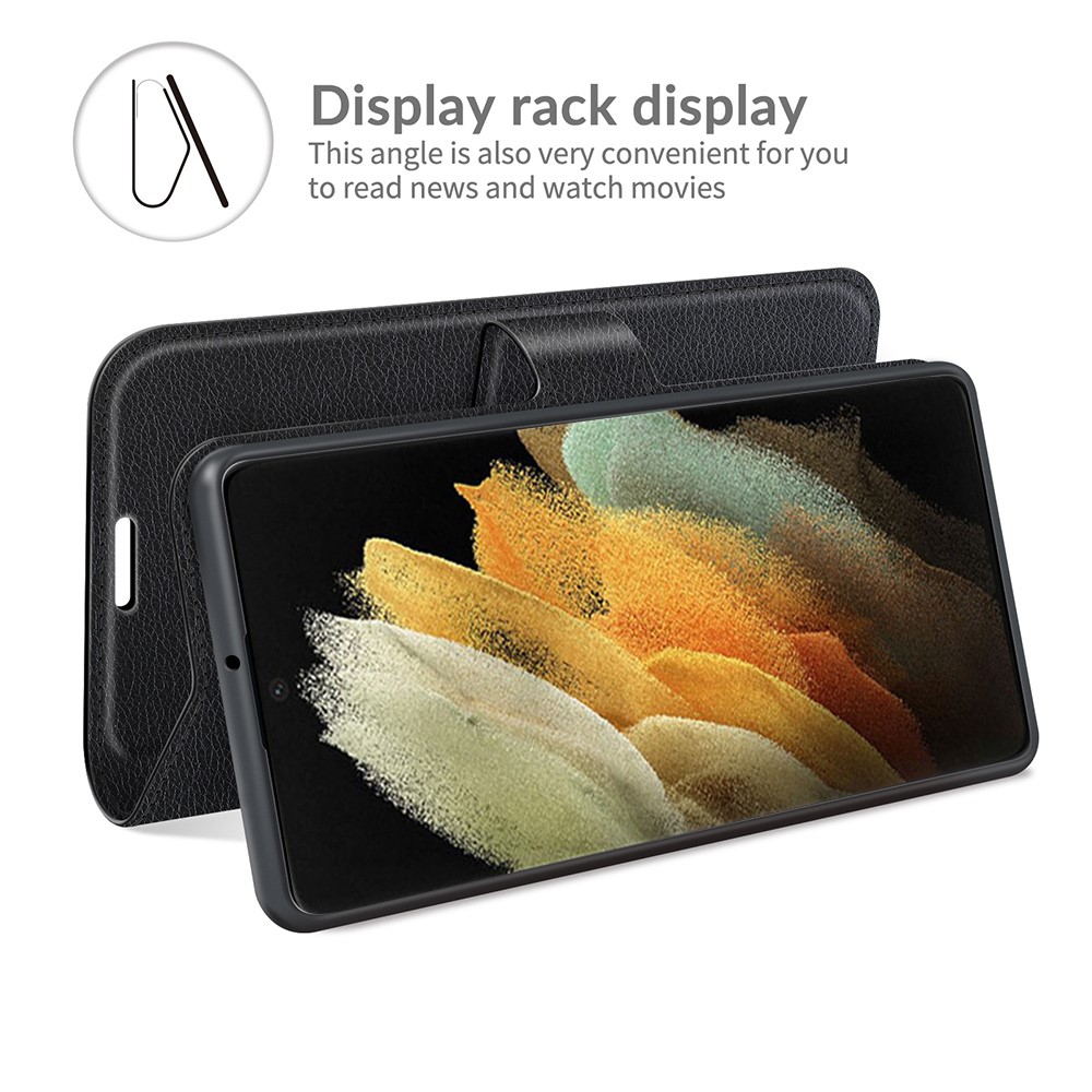 Non-slip Grip Litchi Texture Magnetic Closure PU Leather Stand Case Wallet Phone Cover for Samsung Galaxy S22 Ultra - Black-6