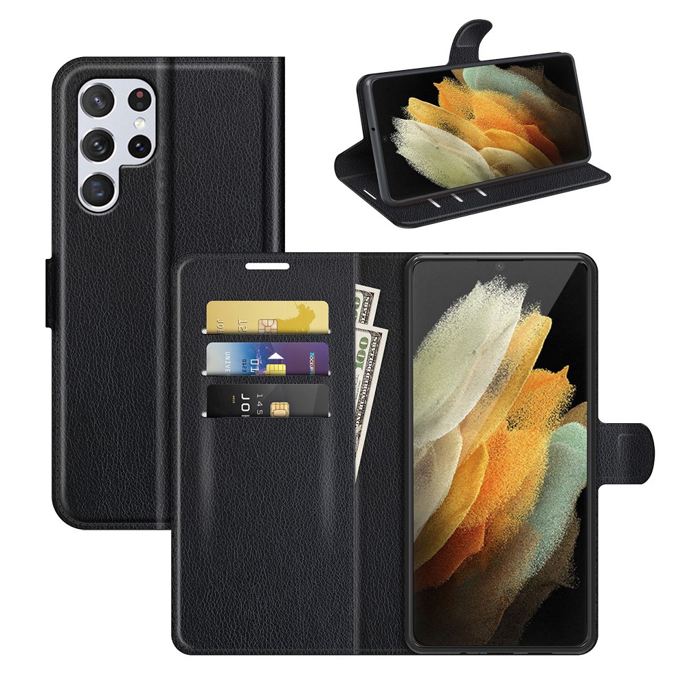 Non-slip Grip Litchi Texture Magnetic Closure PU Leather Stand Case Wallet Phone Cover for Samsung Galaxy S22 Ultra - Black-8