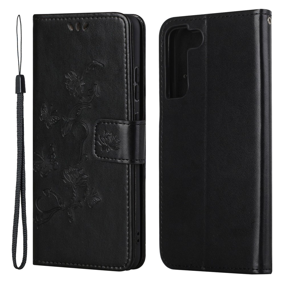 Butterfly and Flowers Imprinting Leather Phone Wallet Cover with Adjustable Viewing Stand for Samsung Galaxy S22 - Black-1
