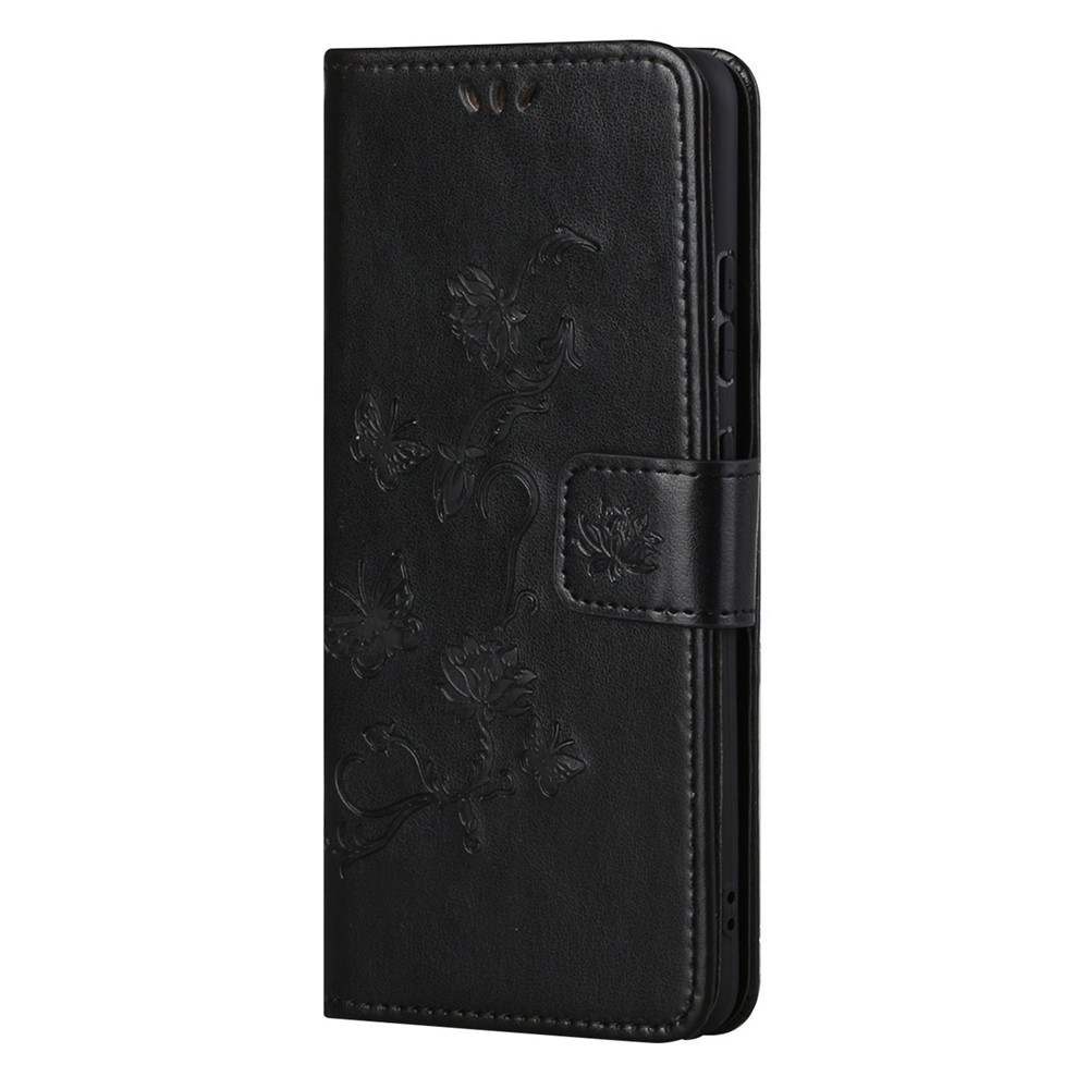 Butterfly and Flowers Imprinting Leather Phone Wallet Cover with Adjustable Viewing Stand for Samsung Galaxy S22 - Black-2