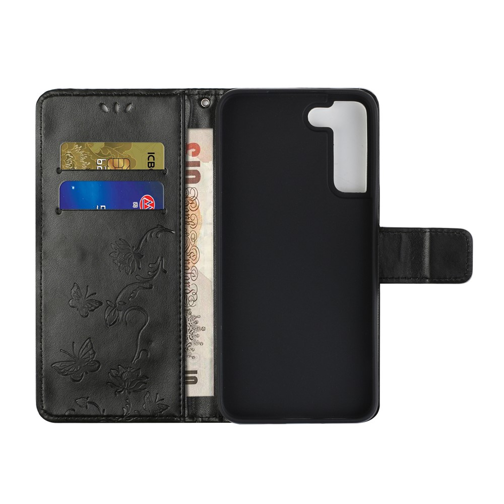 Butterfly and Flowers Imprinting Leather Phone Wallet Cover with Adjustable Viewing Stand for Samsung Galaxy S22 - Black-5