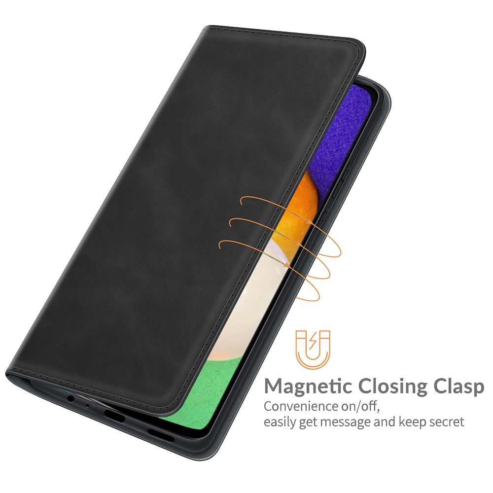 Anti-fall Stand Design Silky-Touch Super Magnet Closure Folio Flip Leather Cover Protective Case Wallet for Samsung Galaxy A13 5G - Black-6