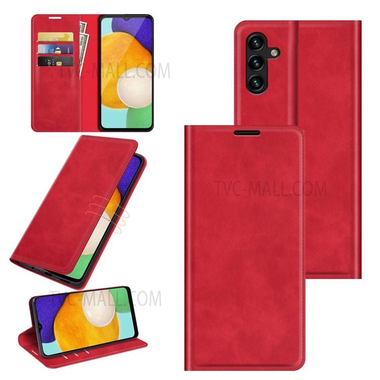 Anti-fall Stand Design Silky-Touch Super Magnet Closure Folio Flip Leather Cover Protective Case Wallet for Samsung Galaxy A13 5G - Red-8