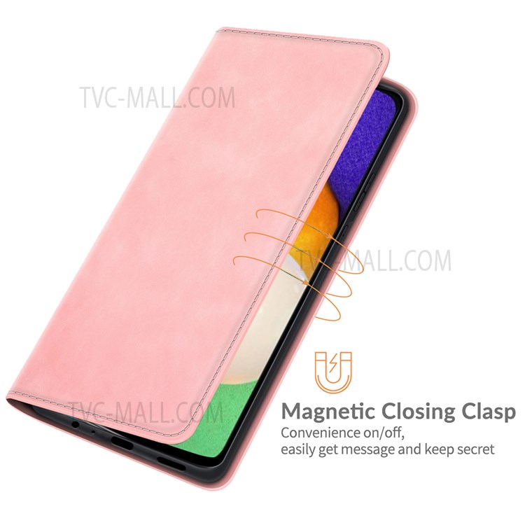 Anti-fall Stand Design Silky-Touch Super Magnet Closure Folio Flip Leather Cover Protective Case Wallet for Samsung Galaxy A13 5G - Pink-6