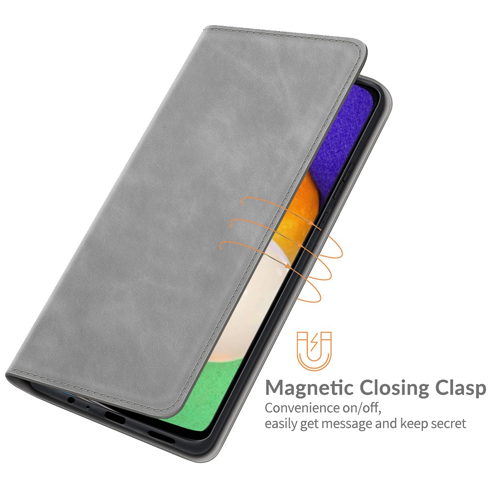 Anti-fall Stand Design Silky-Touch Super Magnet Closure Folio Flip Leather Cover Protective Case Wallet for Samsung Galaxy A13 5G - Grey-6