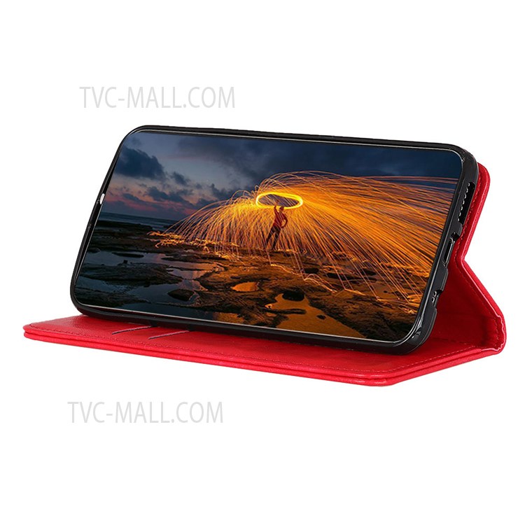 Magnetic Auto Closing Crazy Horse Texture PU Leather Phone Shell Wallet Stand Case for Samsung Galaxy S22 - Red-4