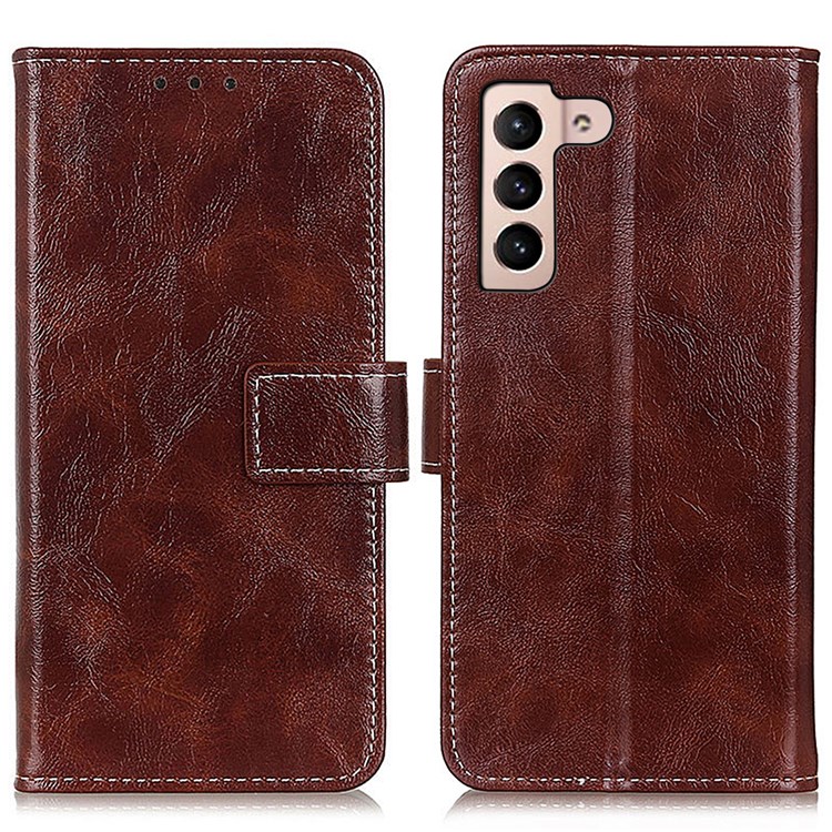 Crazy Horse Texture Retro Style PU Leather Phone Stand Case Wallet Cover for Samsung Galaxy S22 - Brown-1
