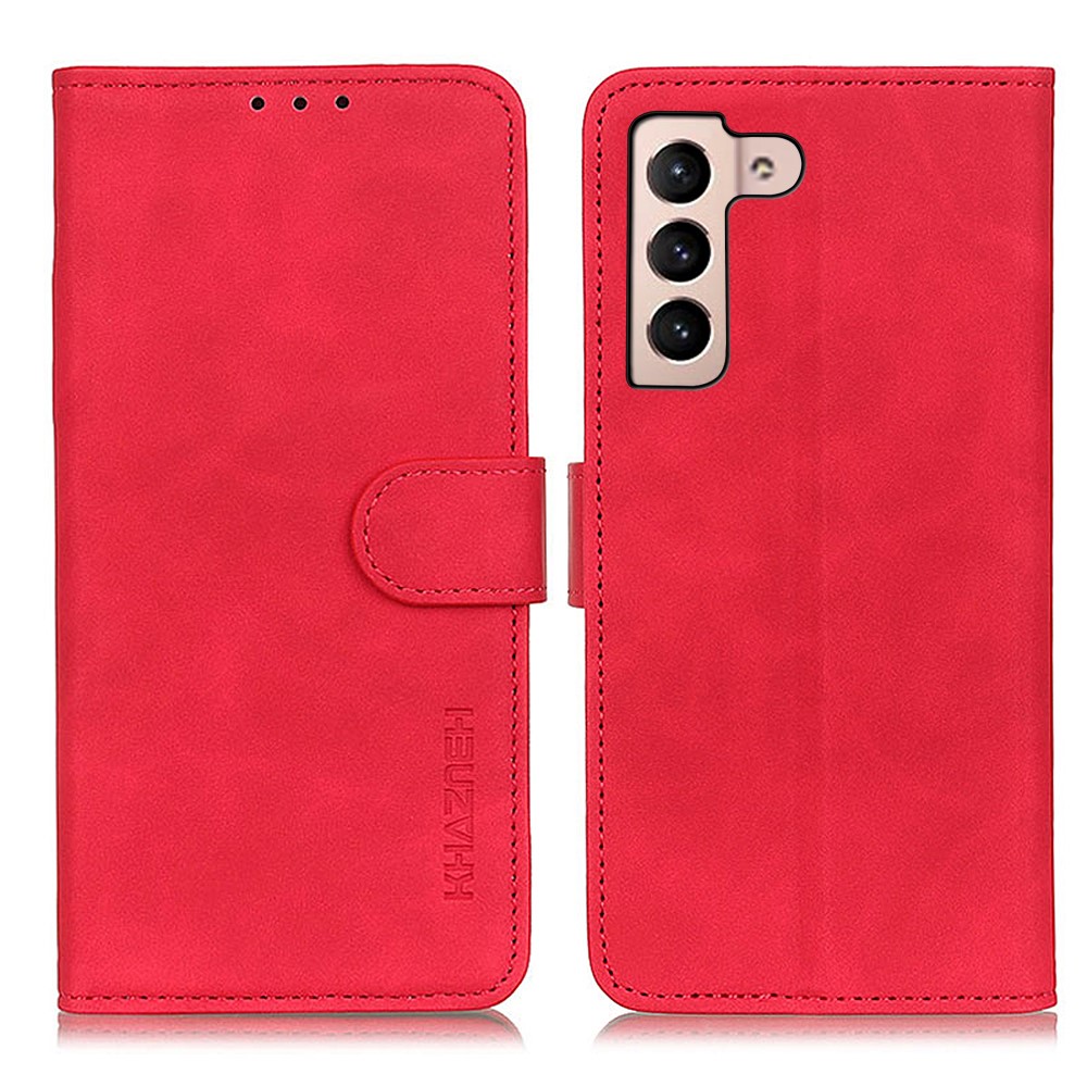 KHAZNEH Retro Texture Full Protection Leather Stand Wallet Cover Phone Case for Samsung Galaxy S22 - Red-1