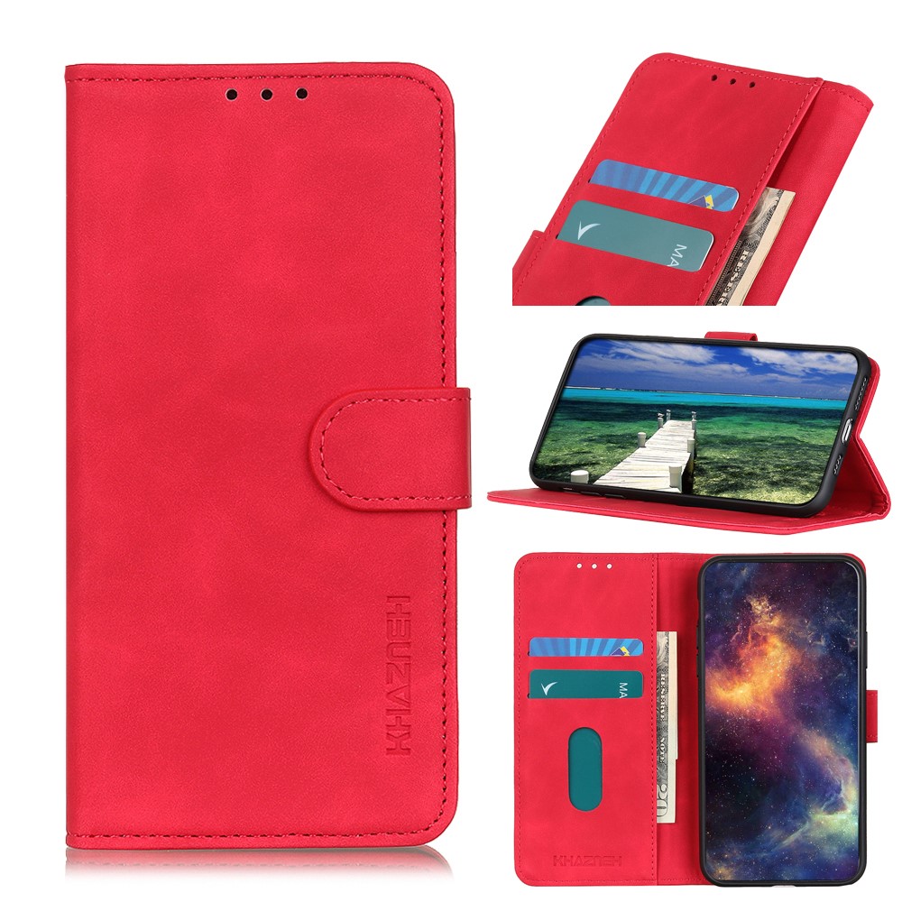 KHAZNEH Retro Texture Full Protection Leather Stand Wallet Cover Phone Case for Samsung Galaxy S22 - Red-10