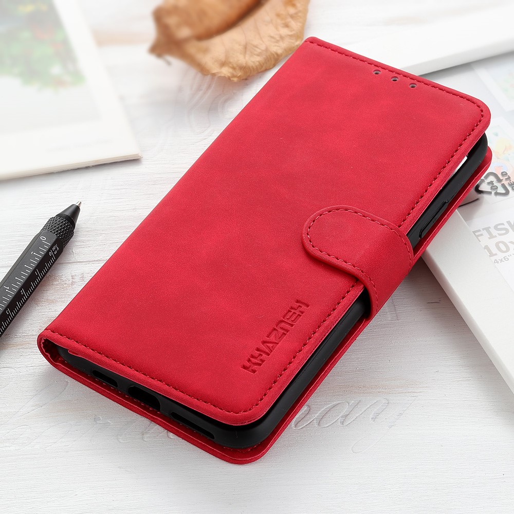 KHAZNEH Retro Texture Full Protection Leather Stand Wallet Cover Phone Case for Samsung Galaxy S22 - Red-9