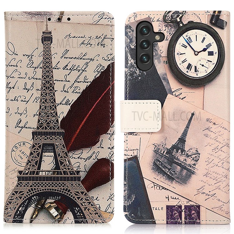 Wallet Design Shock-Absorbed Pattern Printing Leather Stand Case for Samsung Galaxy A13 5G - Iron Tower and Clock-1