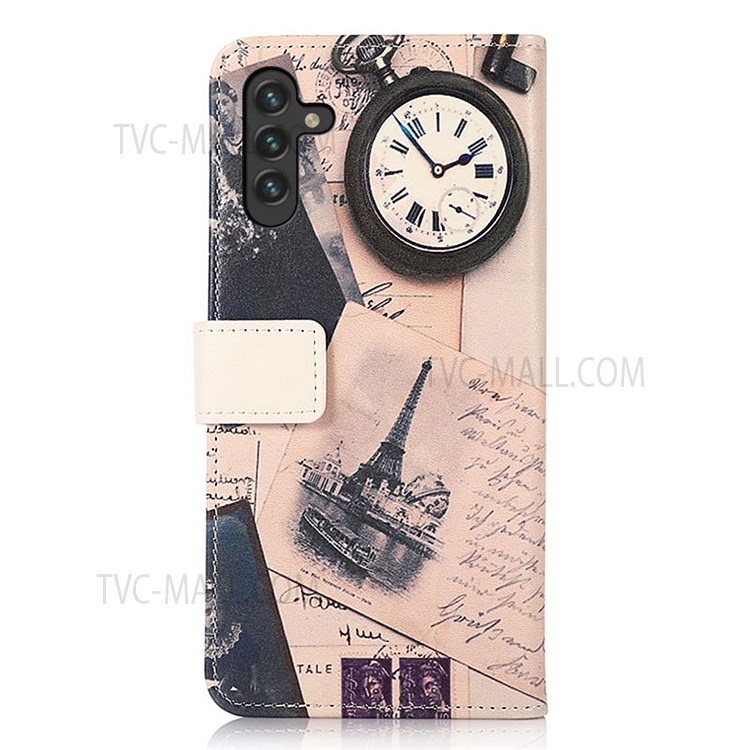 Wallet Design Shock-Absorbed Pattern Printing Leather Stand Case for Samsung Galaxy A13 5G - Iron Tower and Clock-3