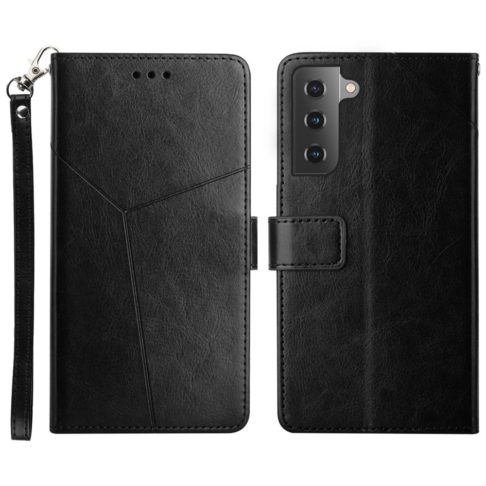 Y-Shaped Lines Imprinting Solid Color PU Leather Phone Cover Wallet Stand Design Shell for Samsung Galaxy S22 Plus - Black-1