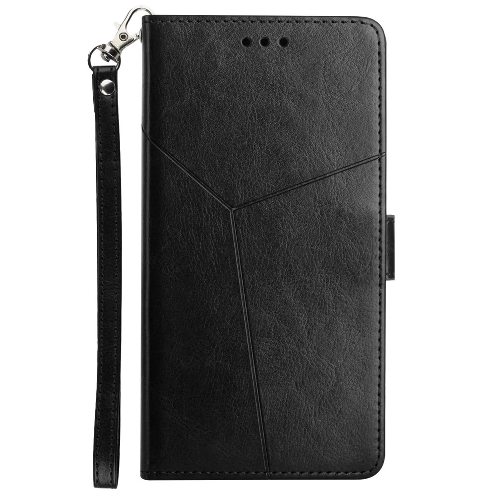 Y-Shaped Lines Imprinting Solid Color PU Leather Phone Cover Wallet Stand Design Shell for Samsung Galaxy S22 Plus - Black-8