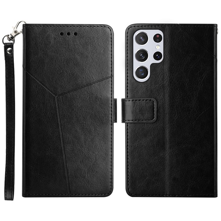 Y-Shaped Lines Imprinting Wallet Stand Design Anti-fingerprint PU Leather Phone Cover Shell with Wrist Strap for Samsung Galaxy S22 Ultra - Black-1