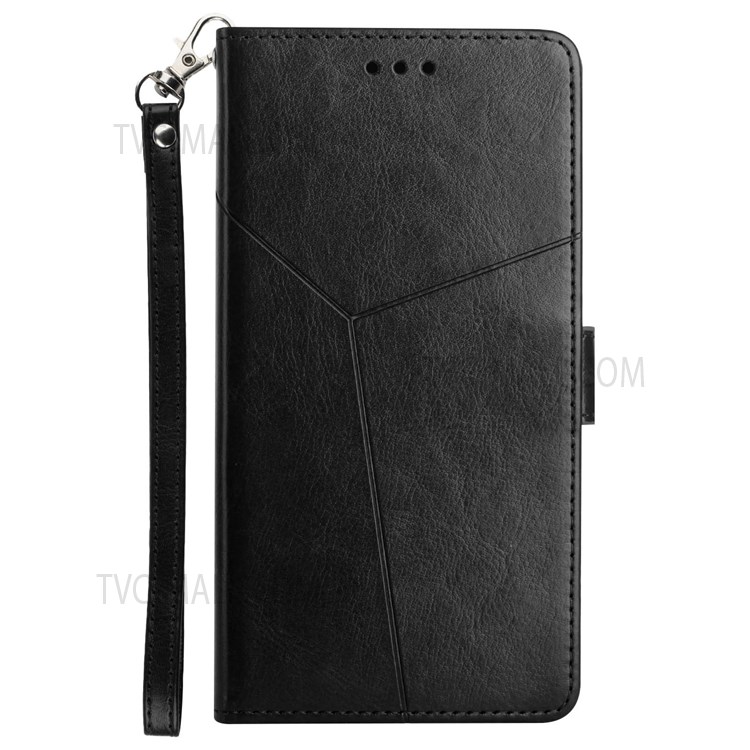 Y-Shaped Lines Imprinting Wallet Stand Design Anti-fingerprint PU Leather Phone Cover Shell with Wrist Strap for Samsung Galaxy S22 Ultra - Black-8