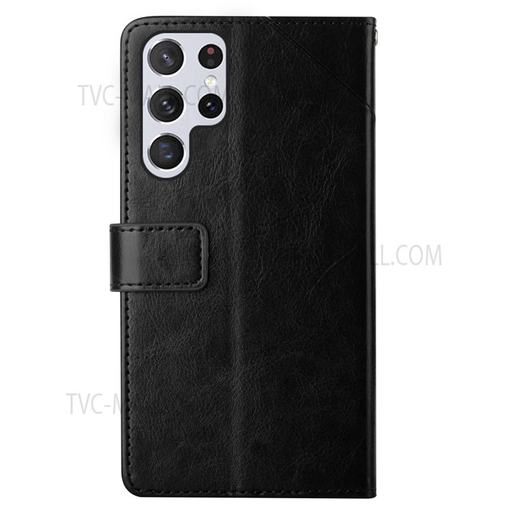 Y-Shaped Lines Imprinting Wallet Stand Design Anti-fingerprint PU Leather Phone Cover Shell with Wrist Strap for Samsung Galaxy S22 Ultra - Black-9