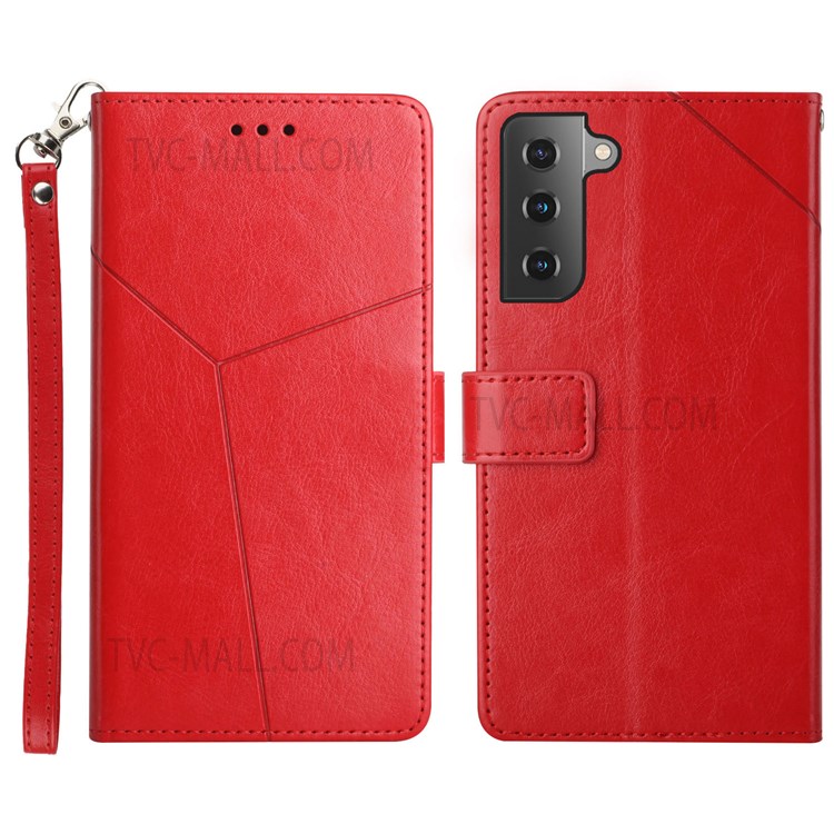 Scratch-resistant Y-Shaped Lines Imprinting PU Leather Wallet Stand Phone Cover Shell with Handy Strap for Samsung Galaxy S22 - Red-1