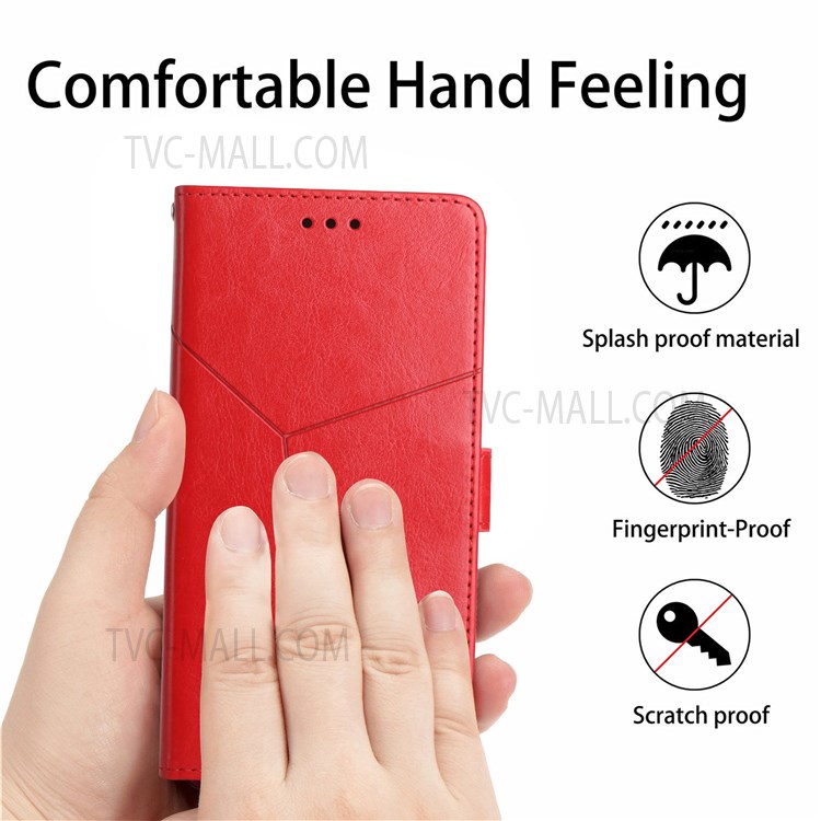 Scratch-resistant Y-Shaped Lines Imprinting PU Leather Wallet Stand Phone Cover Shell with Handy Strap for Samsung Galaxy S22 - Red-6