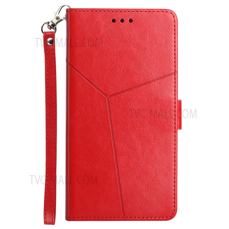 Scratch-resistant Y-Shaped Lines Imprinting PU Leather Wallet Stand Phone Cover Shell with Handy Strap for Samsung Galaxy S22 - Red-8