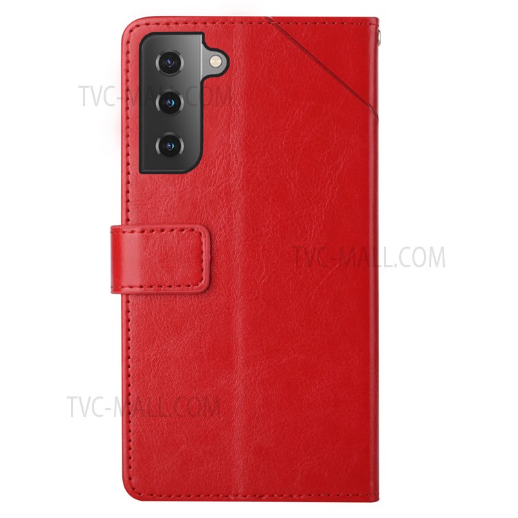 Scratch-resistant Y-Shaped Lines Imprinting PU Leather Wallet Stand Phone Cover Shell with Handy Strap for Samsung Galaxy S22 - Red-9