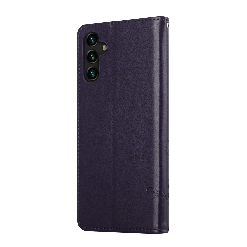 Butterfly Flower Imprinting Leather Phone Wallet Stand Shell with Strap for Samsung Galaxy A13 5G - Dark Purple-3