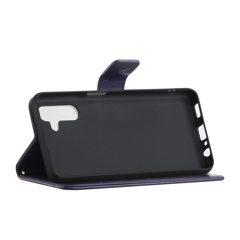 Butterfly Flower Imprinting Leather Phone Wallet Stand Shell with Strap for Samsung Galaxy A13 5G - Dark Purple-4