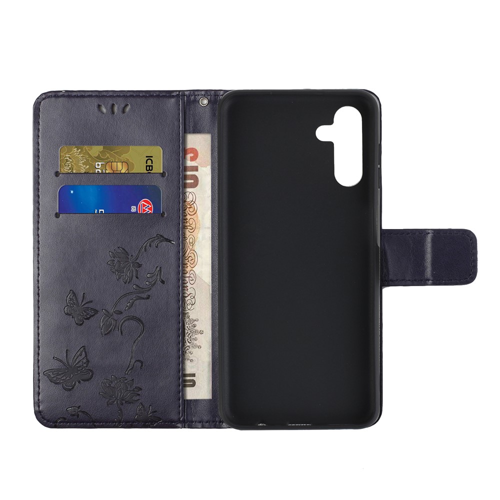 Butterfly Flower Imprinting Leather Phone Wallet Stand Shell with Strap for Samsung Galaxy A13 5G - Dark Purple-5