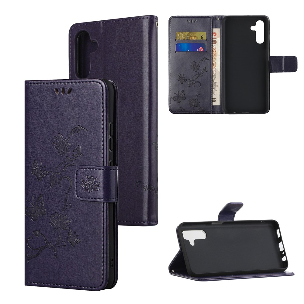 Butterfly Flower Imprinting Leather Phone Wallet Stand Shell with Strap for Samsung Galaxy A13 5G - Dark Purple-6