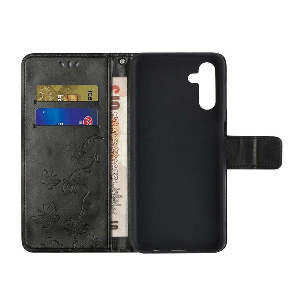 Butterfly Flower Imprinting Leather Phone Wallet Stand Shell with Strap for Samsung Galaxy A13 5G - Black-5